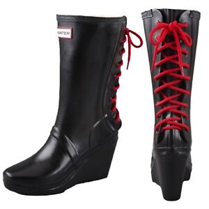 Hunter Black Verbier Wedge Boots Red Lace Up Rubber Rain Size 7 Item #301857