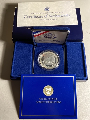 1987 S US Mint Constitution Proof Silver Dollar Comm. $1 Coin Boxes and COA Cover
