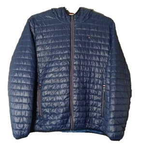 Tommy Hilfiger Logo XXL Quilted Hoodie Jacket Blue Polyester Insulated Men's XXL - Picture 1 of 11