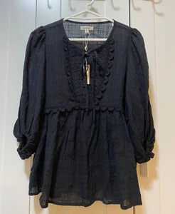 NWT Max Studio Women 3/4 Sleeve Split Tie Neck Cotton Rayon Shirt Size XS Black - Picture 1 of 12