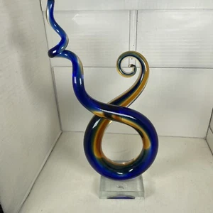 Vintage Kobaltblau Bernstein Murano Wirbel gelockt Kunst Glas Skulptur 12”H 6”L 3”B - Bild 1 von 10