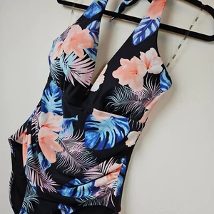 DKNY SWIMSUIT Womens M One Piece Halter Floral Print Slimming New Bathing suit - Picture 1 of 14