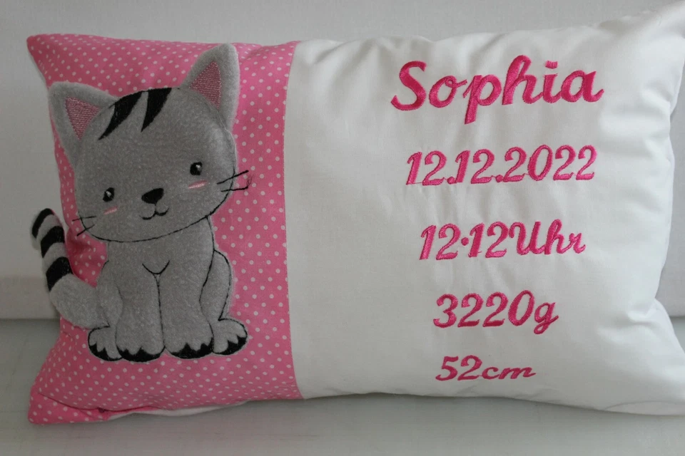 HANDGEFERTIGT,BESTICKT Kissen mit Namen,Wunschname,Daten,Taufe,Geburt,Geschenk