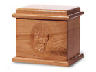Wood Cremation Urn. Deluxe oak model with a Natural Finish with a Deer Image