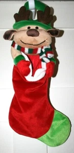 Reindeer Holiday Stocking Hanging 22 inch Velvety Cloth - Picture 1 of 3