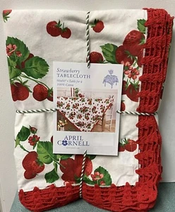 April Cornell STRAWBERRY Tablecloth 100% Cotton Crocheted Trim 60 x 60” Square - Picture 1 of 6