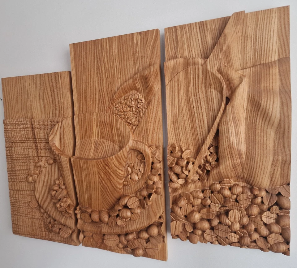 Coffee Bar Wooden Wall Hanging | Rustic Kitchen Decor | 3 Panel Ash Wood Art - Image 1 of 4