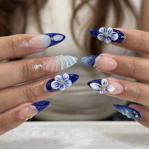24pcs Aurora Flower Fake Nails Long Almond Nail Tips Press on Nails DIY - Picture 1 of 24