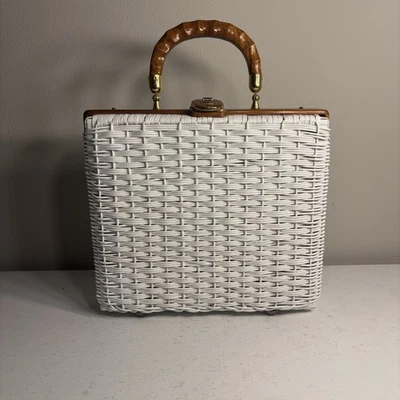 Vintage White Woven Wicker "Straw" Wood Trim & Handle Large Purse - Image 1 of 4