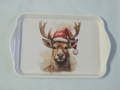 Ambiente 1x kleines Tablett HIRSCH Weihnachten ca.  13 x 21 cm Weihnachtsmütze - Bild 1 von 2