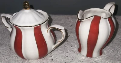 Grace's Teaware Red, White with Gold  Scallop Creamer and Sugar Bowl - Image 1 of 4