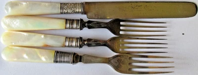 VINTAGE MOTHER OF PEARL/STERLING SILVER NECK LOT: 3 FORKS 1 KNIFE, USED - Image 1 of 4