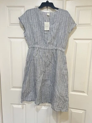 Vestido Lintico Neutro Lino Rayas Cintura Elástica Midi Minimalista Lagenlook L Foto 1 de 4