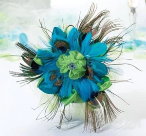 Peacock Feather Wedding Bouquet By Lillian Rose 9” Colorful Well Made - Picture 1 of 3