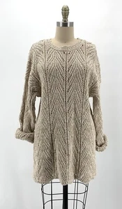 Vtg 1990's Cotton White Tan Chunky Knit Minimalist Long Sweater Scalloped Edge M - Picture 1 of 7
