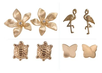 ASCALIDO boucles d'oreilles en vrai plaqué or tortue fleur flamant rose papillon + boite
