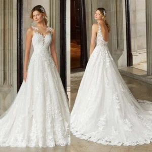 Boat Neck Wedding Dresses Embroidery Sleeveless Applique Lace Backless Train Net - Picture 1 of 17