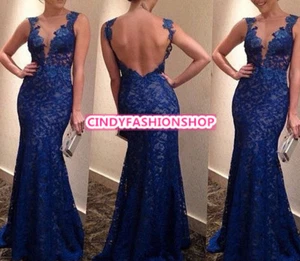 New Women Sexy Backless Maxi Lace Deep V-Neck Long Cocktail Party Evening Dress - Picture 1 of 7