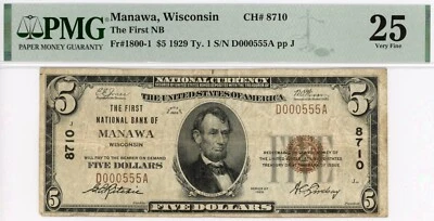 1929 Manawa, Wisconsin $5 note First NB CH#8710 PMG 25 - Image 1 of 2