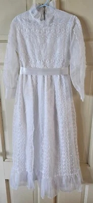 Vtg 70s LONG LENGTH EYELET LACE FIRST COMMUNION DRESS SZ 8 Sheer MODEST Boho - Image 1 of 4