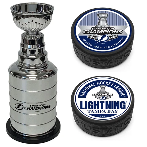 2021 TAMPA BAY LIGHTNING STANLEY CUP CHAMPIONS 3D 2 PUCK PKG & REPLICA CUP Cover
