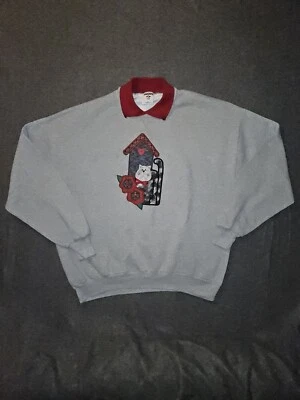 Vintage Jerzees Sweatshirt Women's 2XL Gray Embroidered Cat Collared Holidays - Image 1 of 4