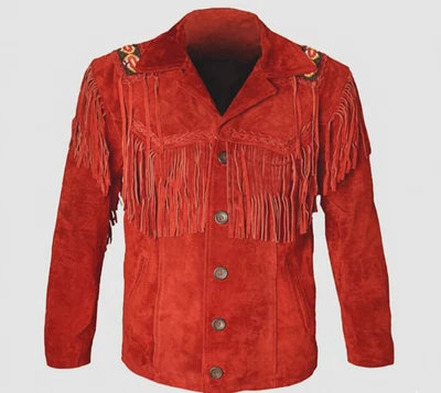 Mens Western Cowboy Suede Leather Jacket Beaded Native American Leather Jacket - Image 1 of 4