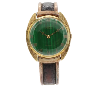 Vintage Fairfax grünes Tigerauge mit Fleur de Lis Zeigern Herren Armbanduhr Rindengehäuse - Bild 1 von 4