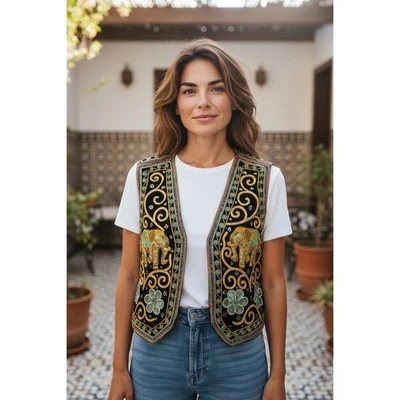 VTG CAROL HORN WORKSHOP Vest S/M Multi 3D Embroidered Sequin Elephants Bohemian - Image 1 of 4