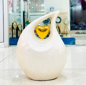 Large White Matte Teardrop Urn with Golden Heart for Human Ashes Male - - Picture 1 of 11