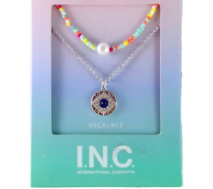$39.50 SET/2 NWT MACY'S I.N.C. EVIL EYE RHINESTONE & MULTICOLOR BEAD NECKLACE - Picture 1 of 18