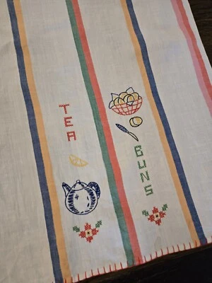 VINTAGE! Embroidered Hand Dish Kitchen Towel - 17x25 - MCM Style! Buns, Teapot - Image 1 of 4