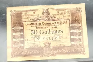 RARE FRANCE 50 Centimes (Chambre de Commerce - Saint Die) 08-11-1917, Fine - Picture 1 of 2