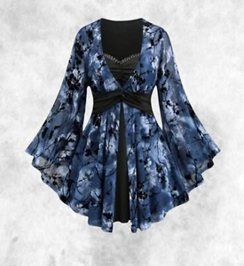 Neu schwarz/blau Gothic Samt beflockt ausgestellte Ärmel Bluse Top Gr. 3XL 22 24 26 - Bild 1 von 5