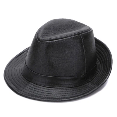 Fashion men 100% Genuine Leather Fedora Trilby Hat Jazz Cap Gangster Casual Hats - Image 1 of 4
