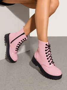 Women Fashion Ankle Boots Chunky Heel Lace up Side Zip Motorcycle Combat Boots - Picture 1 of 12