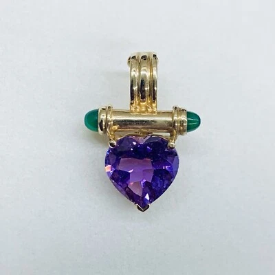 14k Yellow Gold Amethyst Purple Heart & Green Jade Love Snap Back Pendant Charm - Image 1 of 4