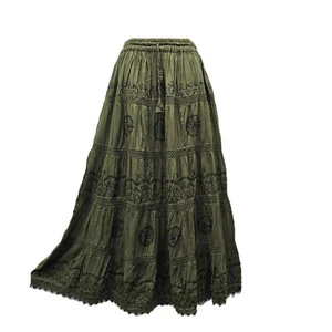 Baumwolle Maxi Rock Bohemian bestickt komplett gefüttert Armeegrün Gr. S M L XL XXL - Bild 1 von 12