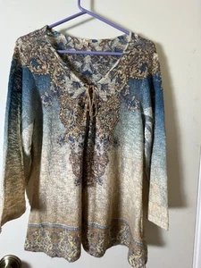 Reba Paisley Sz XL Lace Up Tie V Neck Tunic Knit Burn Out Rhinestones - Picture 1 of 13