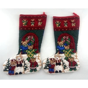 Cranston Vntg Christmas Friends Stockings Cut Sew Brown Bears Cotton Holiday USA - Picture 1 of 8
