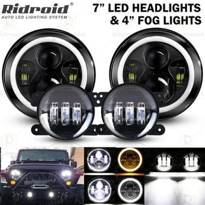 2x 7'' Round LED Headlights Halo DRL+4'' Fog Light Fit FOR Jeep Wrangler JK LJ T - Picture 1 of 24