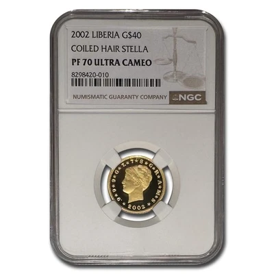 Liberia Gold 40 Dollars Stella 2002 PF-70 NGC (pelo enrollado) Foto 1 de 3