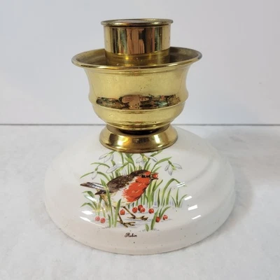 Vtg Ceramic & Brass Candleholder Handpainted Robin Design Christmas Theme  - Image 1 of 4