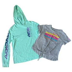 Girls Sz 8/M Adidas Pullover Lightweight Mint Green Hoodie Reebok Tie Gray Top - Picture 1 of 5