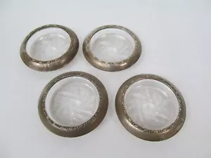 4 Vintage Amston Sterling Silver Rimmed Glass Drink Coasters - Picture 1 of 4