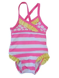 Infant Girls 1 Piece Swimming Suit Pink & White Stripe Daisy Swimwear 6m - Picture 1 of 1