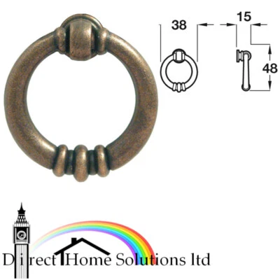 Hafele Antique Brass Drop Ring Handle, Zinc Alloy, Fixing Centres 38 mm, Screws - Image 1 of 3