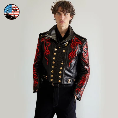 Steampunk Gothic Black Military Dragon Leather Jacket Red Embroidery Punk Rock - Image 1 of 4