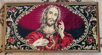 Vintage Tapestry God Jesus Religious Soft Velvet Fabric w/ Wooden Frame - Image 1 of 2