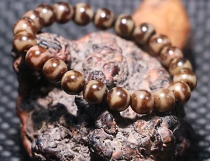 Power Tibetan old Agate Sharp Tiger Tooth Round Shape dZi Bead Bracelet 黑金系列 $$$ - Picture 1 of 9